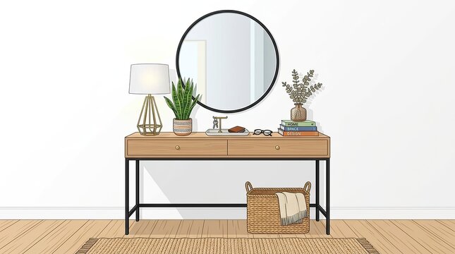 Modern entryway console table with round mirror and home decor accessories