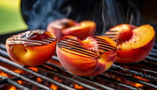close up of grilled peaches on a barbecue showcasing char marks and a smoky flavor perfect for a summer dessert