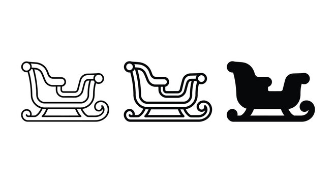 Three depictions of a sleigh including a solid black silhouette sled winter