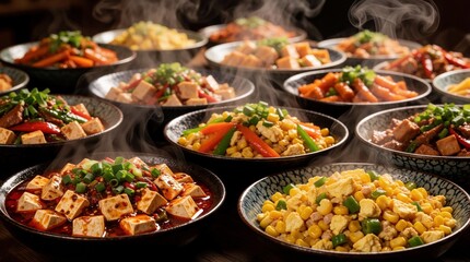 Fototapeta premium Assortment of steaming asian food bowls filled with diverse dishes. Vegetables, tofu, and meat create a colorful, hot, and delicious meal presentation.