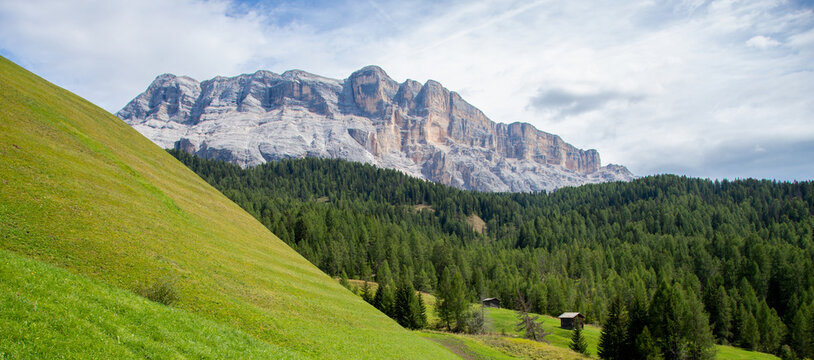 Panoramic view of Sasso di Santa Croce, Sas dla Crusc, La Crusc, Rosskofel, Fanes and Prati dell'Armentara, in Alta Badia Valley , Dolomites , Trentino, Alto Adige, Sudtirol, South Tyrol, Italy	