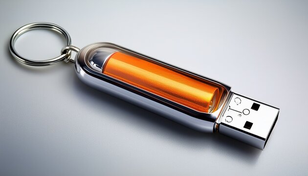 usb flash drive encased in a capsule shaped keychain with metallic and orange parts