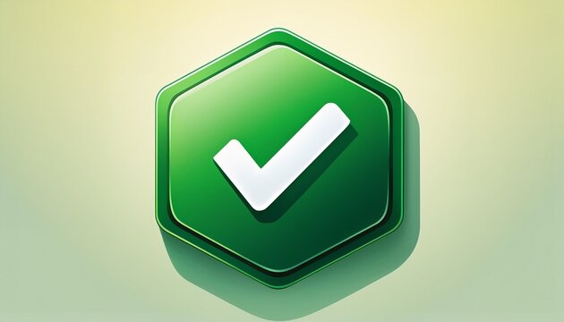 green hexagonal badge with a white check mark symbol representing verification success and completion of a task