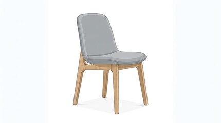 Obraz premium Modern minimalist dining chair with wooden legs and grey upholstered seat on white background