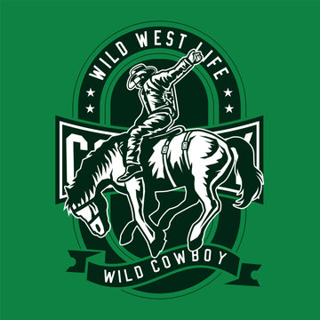 Vintage "Wild West Life" retro rodeo vector emblem with bucking horse and cowboy