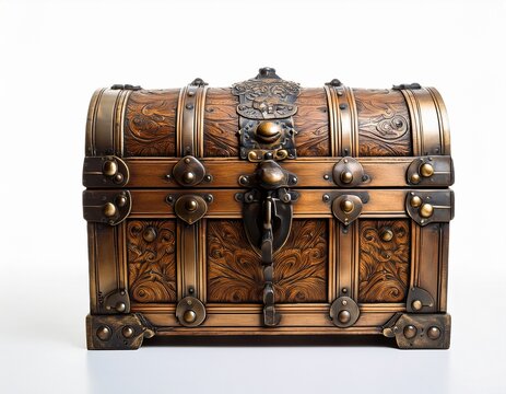 vintage wooden treasure chest with intricate metal details capturing the essence of adventure and history white background