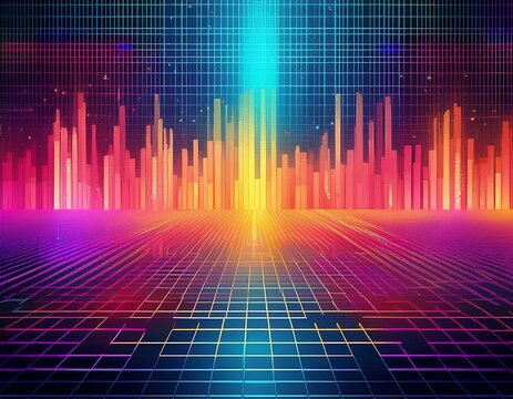 a vibrant pixelated background with a colorful gradient and grid pattern