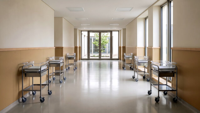 オーカー色の腰壁が続く無人の病院廊下とステンレス医療カート