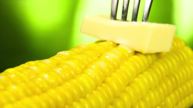 Melting Creamy Butter on Corn. A piece of butter strung on a fork slowly moves along the surface of hot corn, leaving behind an appetizing melting trail
