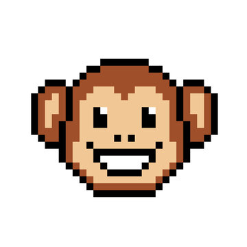 Smiling monkey face in 8-bit pixel art style.