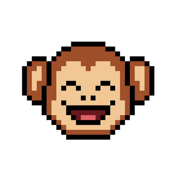 Happy Smiling Monkey Face Pixel Art Icon, emoji, emoticon, avatar