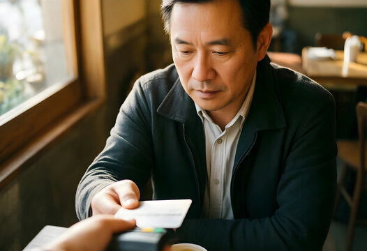 Contactless payment and digital finance, man paying with credit card at a cafe counter for coffee and food service in a modern urban coffee shop