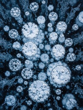 Macro shot of gas bubbles trapped inside dark frozen pond ice. Small air pockets form round patterns on blue ice surface. Cold winter texture shows intricate frozen bubbles, frost details under clear