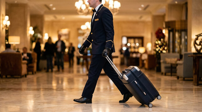 Hotel bellhop pulling suitcase in luxury lobby