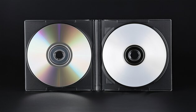 two compact discs displayed open in a black jewel case against a dark background