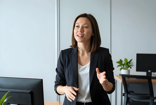 Corporate communication and leadership, professional woman presenting strategy in modern office environment with confident body language and gestures