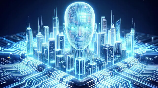 Artificial intelligence head emerging from futuristic digital city on computer chip. Concept of smart city management and neural network integration. Static wide shot.