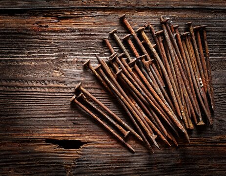 rusty nails on weathered wooden surface in top view