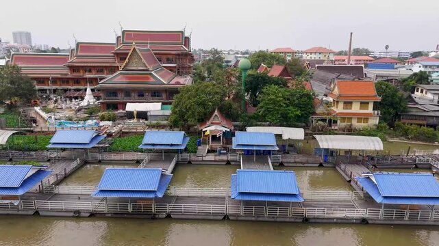 Aerial Footage of Thai Buddhism Temple Locate Next to Chaopraya River, Patumthani, Thailand