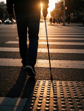 Blind man walks with white cane across city crosswalk at sunset. Person uses tactile paving for safe street navigation. Urban pedestrian moves with independence.