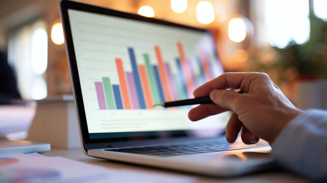 Financial Analysis on Laptop: A close-up of a person's hand pointing at a bar chart displaying financial data on a laptop screen, indicating analysis and growth.