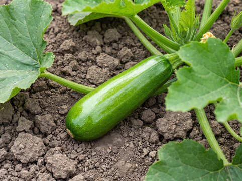 Fresh green zucchini squash growing on a vine in garden soil