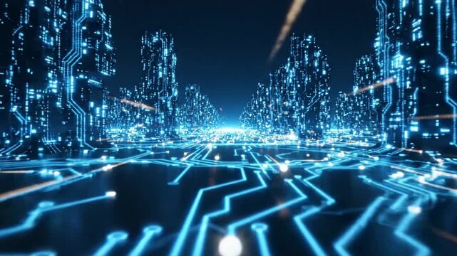 Futuristic digital cityscape with glowing blue circuit board patterns creating a dynamic motion video effect for high tech backgrounds