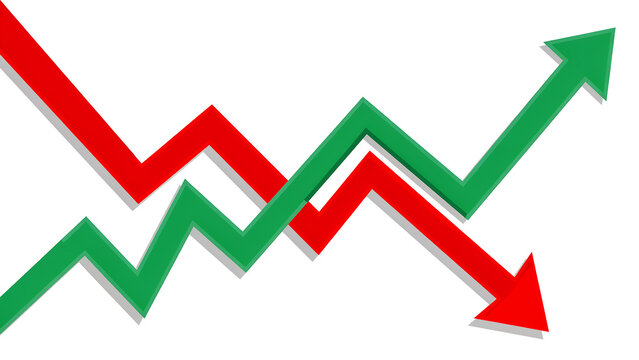 Red and green intersecting charts representing market trends and performance with business economic investment analysis statistics volatility comparison performance strategy downtrend