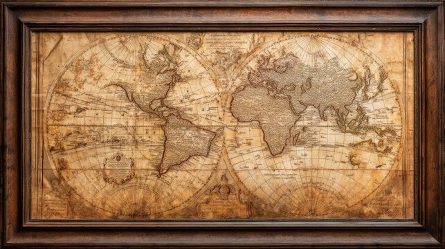 A richly framed antique map dominates the image.