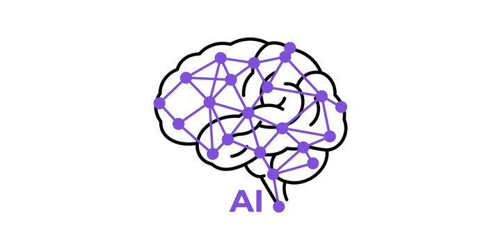 Artificial intelligence brain network icon with purple nodes on black.