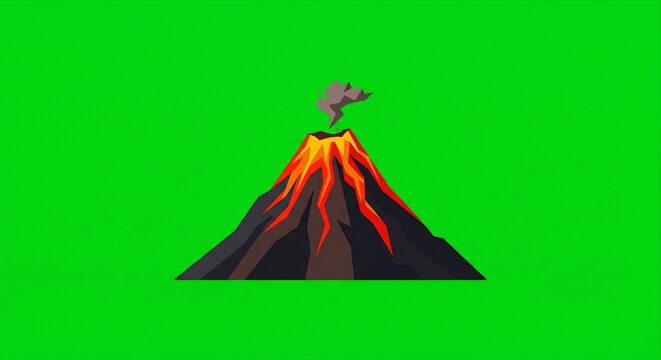2D Flat Centered Erupting Volcano on Green Screen Background