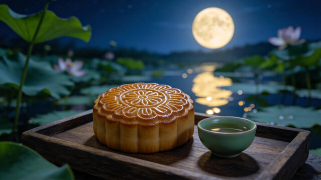 Moon - lit mooncake and tea