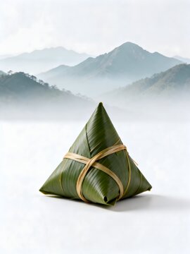 Triangular food wrapped in green leaf