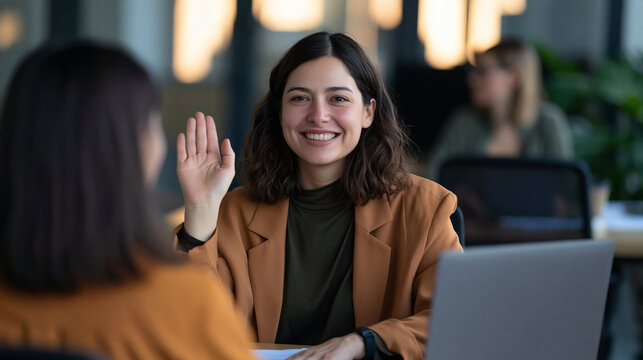 Friendly Greeting: A professional woman extends a warm wave in a modern office setting, conveying a sense of welcome and approachability.