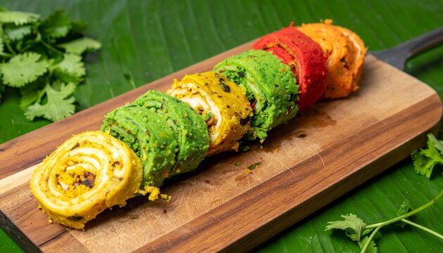Traditional Indian savory pancake with yogurt and chutneys on banana leaf