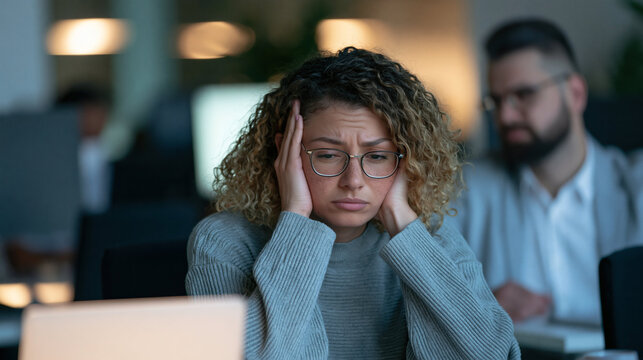 Stressed Office Worker: A woman with curly hair, wearing glasses and a grey sweater, clutches her head in distress while sitting at her desk in a modern office environment.