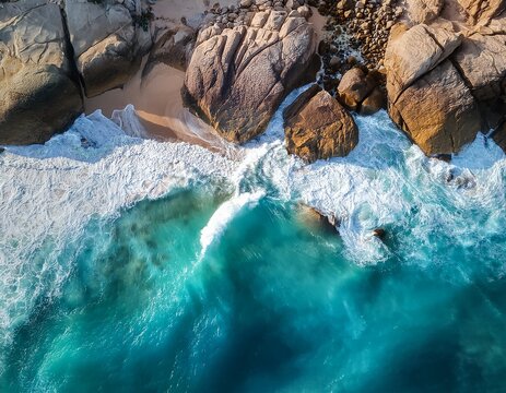 bird s eye view of ocean waves hitting rocks on the beach with vibrant turquoise sea water beautiful rock cliff scenery