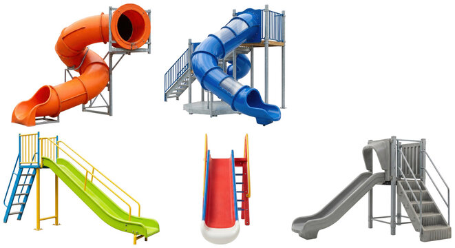 A collection of colorful playground slides in different shapes and styles, including spiral, tube, straight and open designs.