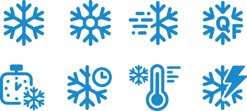 Rapid freeze icon set featuring frozen snowflake symbols, IQF Individual Quick Freezing technology, food preservation, industrial refrigeration, cold storage, frozen food processing and editable 