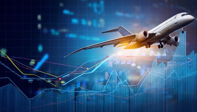 airplane flying over financial graph showing economic growth and airline industry trends