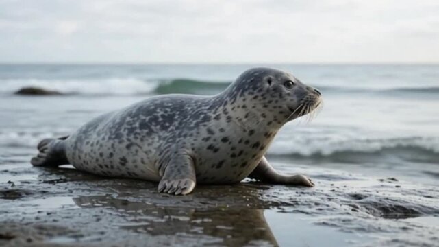 Seal on Rocky Shore: A spotted seal rests on wet rocks near the ocean, with gentle waves lapping at the shore under a soft, overcast sky.
