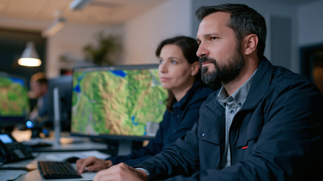 Command Center Operations: Two professionals intently monitor complex data streams on computer screens, working collaboratively in a modern command center environment.