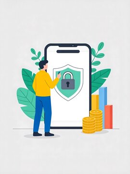 Man with smartphone showing security shield