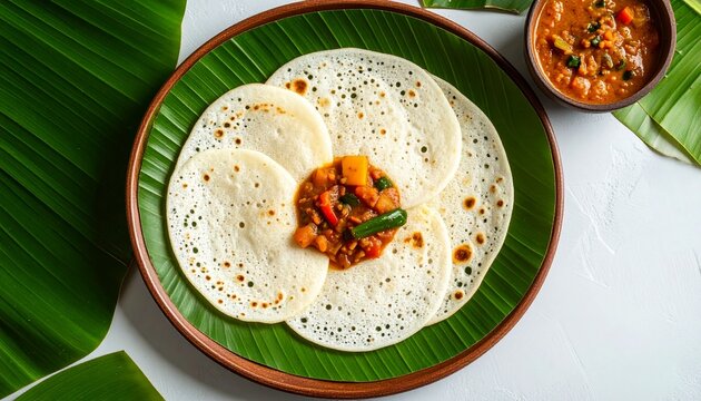 Appam with vegetable stew on a traditional plate with banana leaf