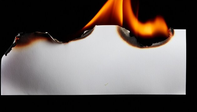 a piece of white paper with burnt edges and flames isolated on a black background in a studio shot