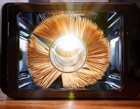 toothpicks arranged inside a microwave oven with light shining through