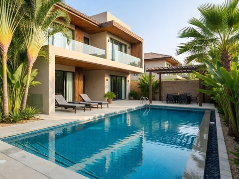Modern style architecture exterior vacation villa with luxury swimming pool and tropical tree garden. Contemporary desert building design with poolside area and patio in backyard.