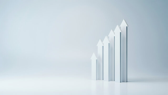 Minimalist 3D bar chart with white arrows showing positive growth and statistical improvement business financial progress statistics investment marketing corporate performance analysis