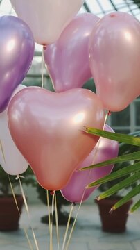 Vertical video: Bobbing mylar hearts in greenhouse, camera panning down, palm frond crossing