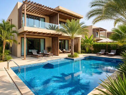 Modern style architecture exterior vacation villa with luxury swimming pool and tropical tree garden. Contemporary desert building design with poolside area and patio in backyard.